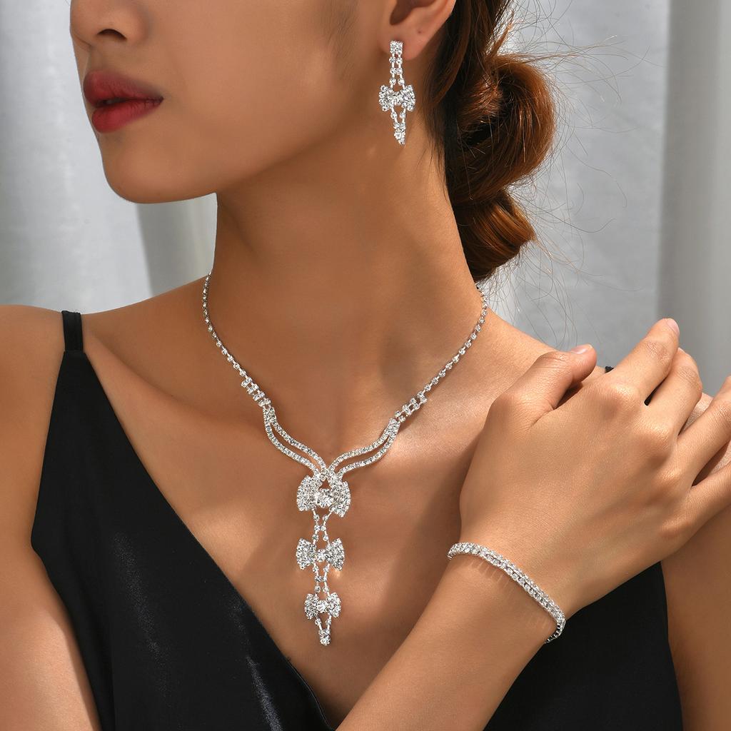 Wedding Evening Dress Full Diamond Tassel Accessories Wedding Simple Necklace Earrings Bracelet Set Female Bridal Accessories