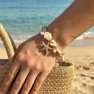Boho Chic Statement Chunky Imitation Pearl Bracelet for Women Mermaidcore Chunky Bracelet Gold Color Starfish Summer Jewelry