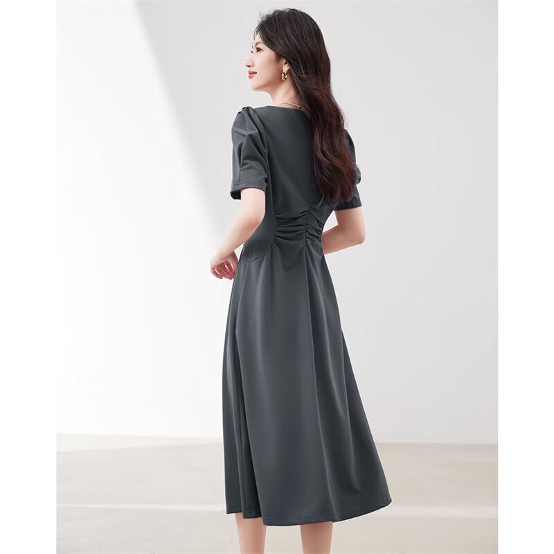 Elegant French Pleated Square Neck Puff Sleeve Midi Dress