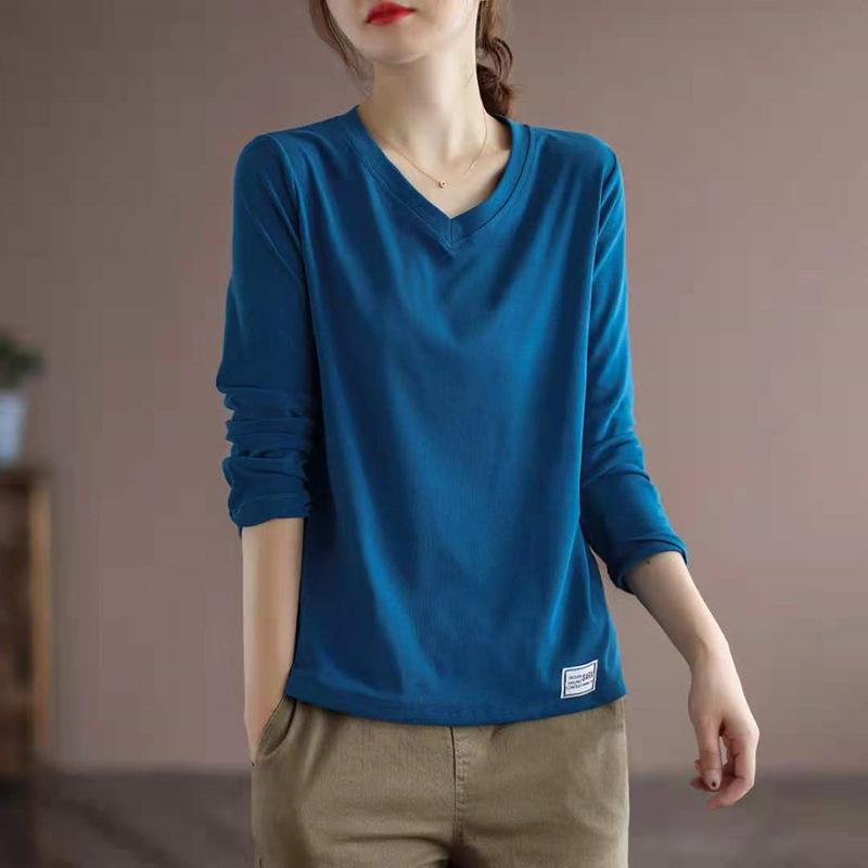 V-neck Solid Color All-match Long-sleeved T-shirt Women's Plus Size Women's Loose and Thin Bottoming Shirt Top
