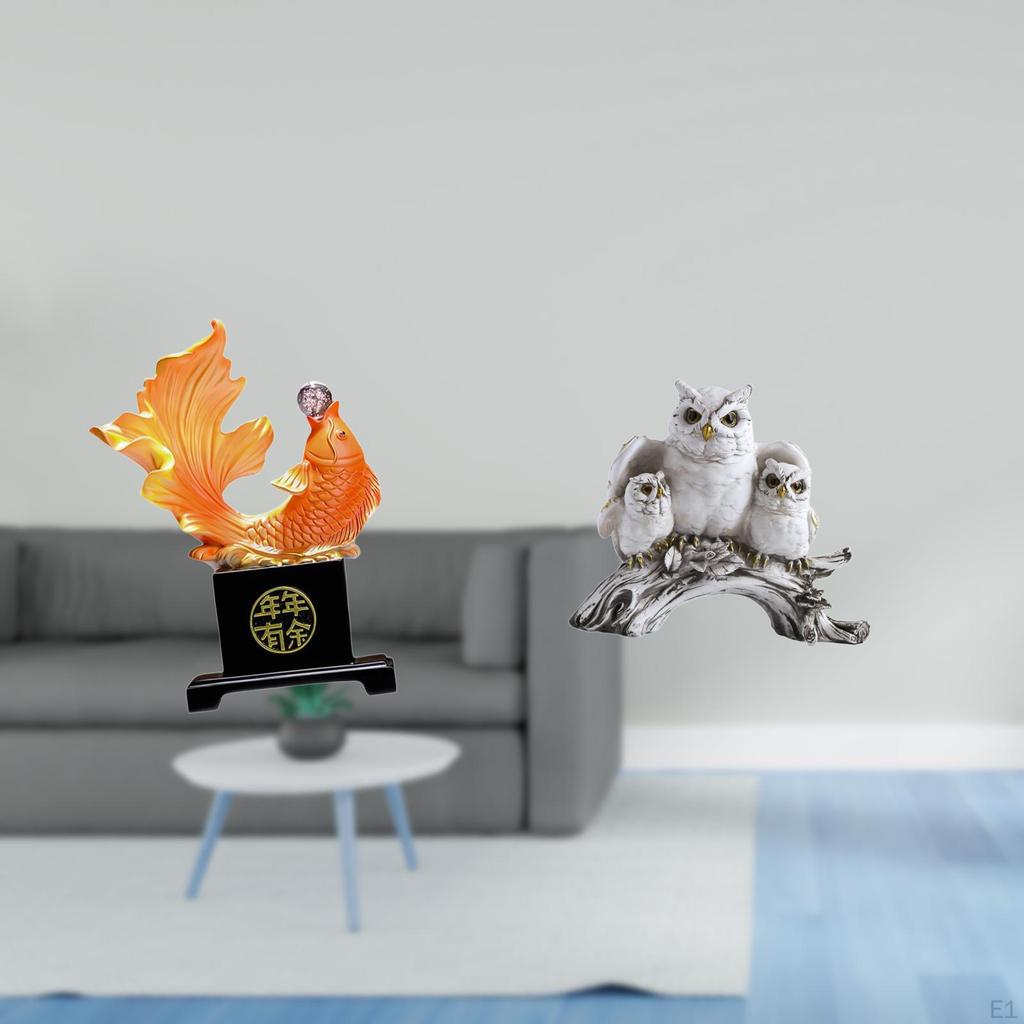 Resin Sculpture Carp And Owl Figurine Chinese Tabletop Ornament for Desk Bedroom Office Living Room