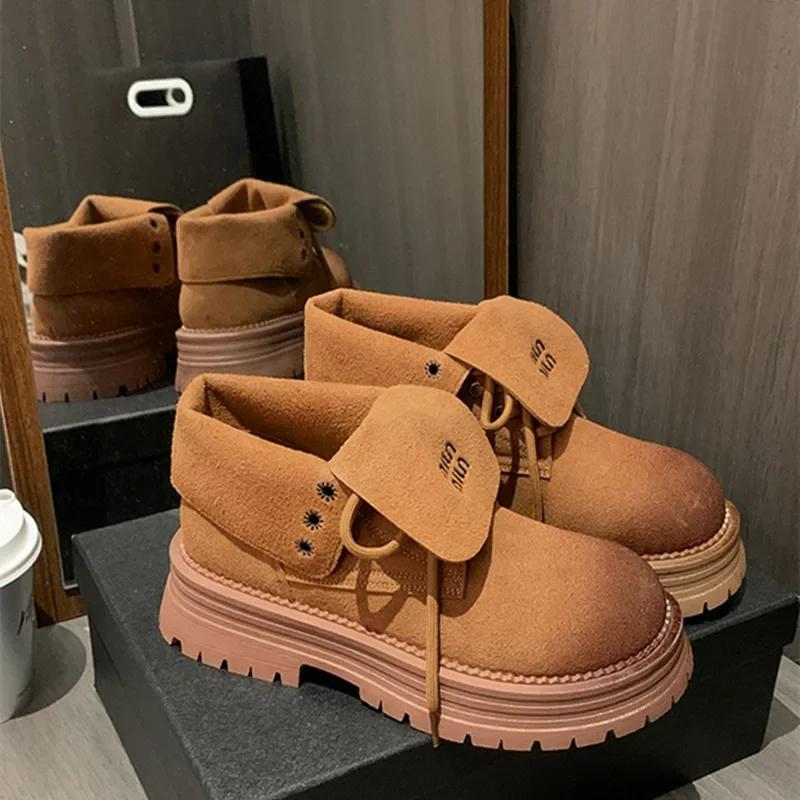 New Design Ankle Boots Women Thick Bottom Non-slip Platform Boots Faux Suede Lace Up Casual Winter Boots for Women Botas Mujer