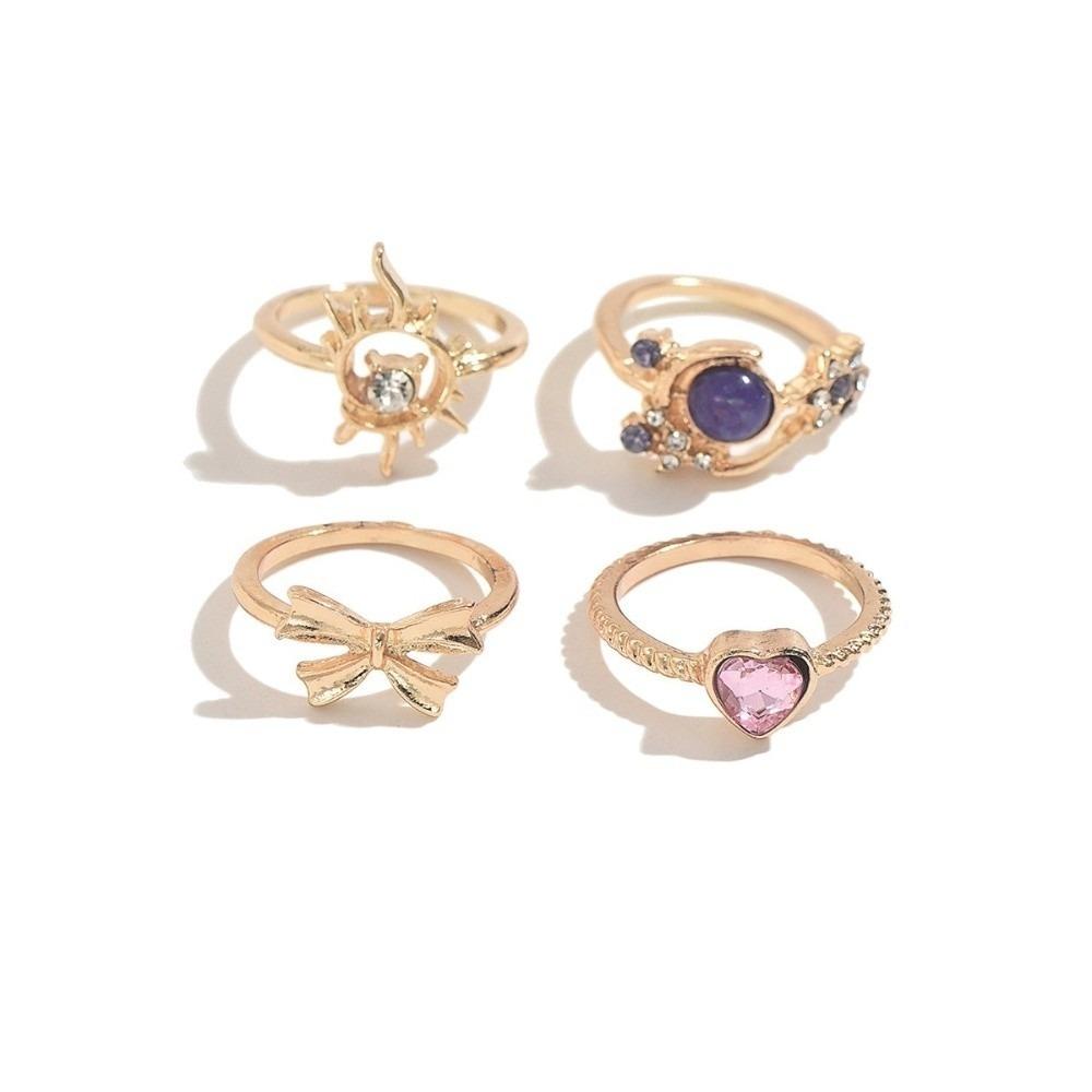 Shiny Sun Moon Ring Set Vintage Gold Tone Adjustable Finger Jewelry Retro Stackable Rings  Teenager