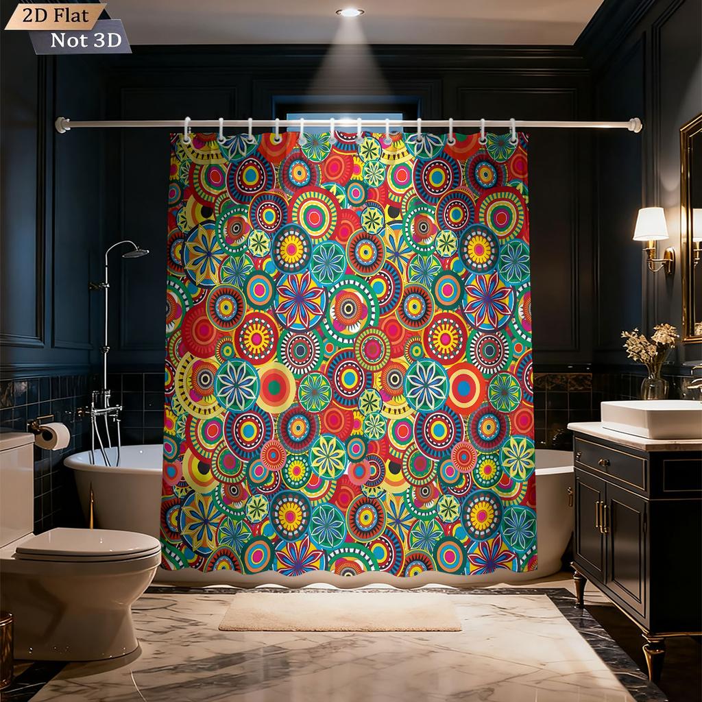1pc Bohemian Color Retro Pattern Print Waterproof Privacy Partition Shower Curtain With 12 Hooks Multiple Sizes Machine Washable