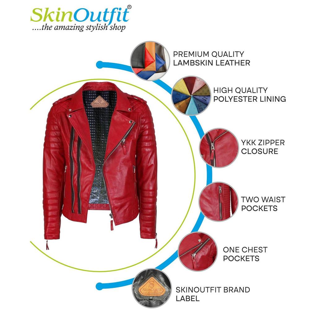 SKINOUTFIT Men Biker Leather Jacket Genuine Red Lambskin Café Racer Motorcycle Outerwear