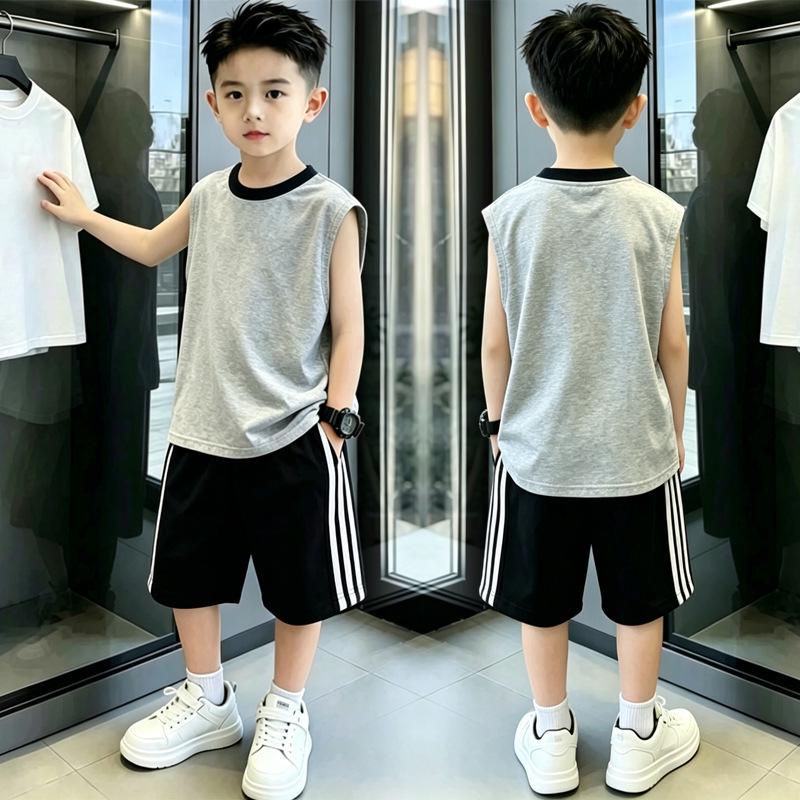 Boys' Summer Color Block Vest & Shorts Set, Ages 8-12, Trendy Three Stripes Design