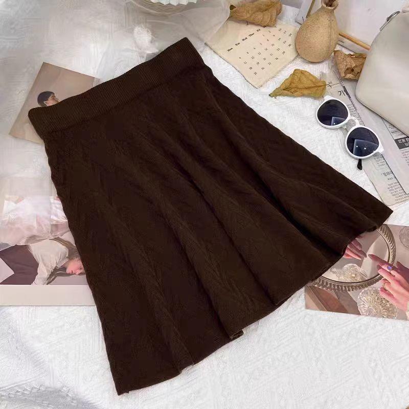 Knitted Midi Skirt for Women Autumn and Winter High Waist Short A-line Pleated Skirt Short Skirt