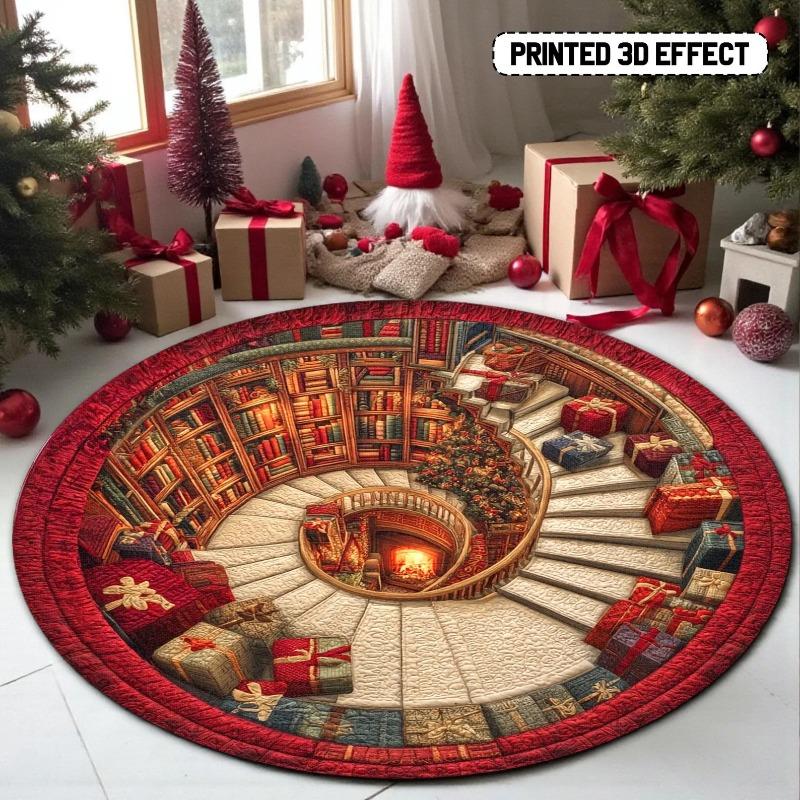 3D Bücherregal Weihnachts-Teppich Bedruckter runder Teppich mit Geschenken und Baum Festliche Feiertags-Bodenmatte für Zuhause Weihnachtsfeiertage