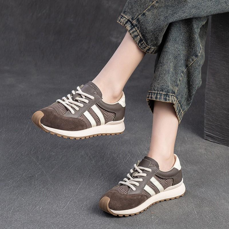 Johnature Sports Casual Women's Shoes Breathable Mesh Splicing Genuine Leather Lace Up Comfortable Sneakers