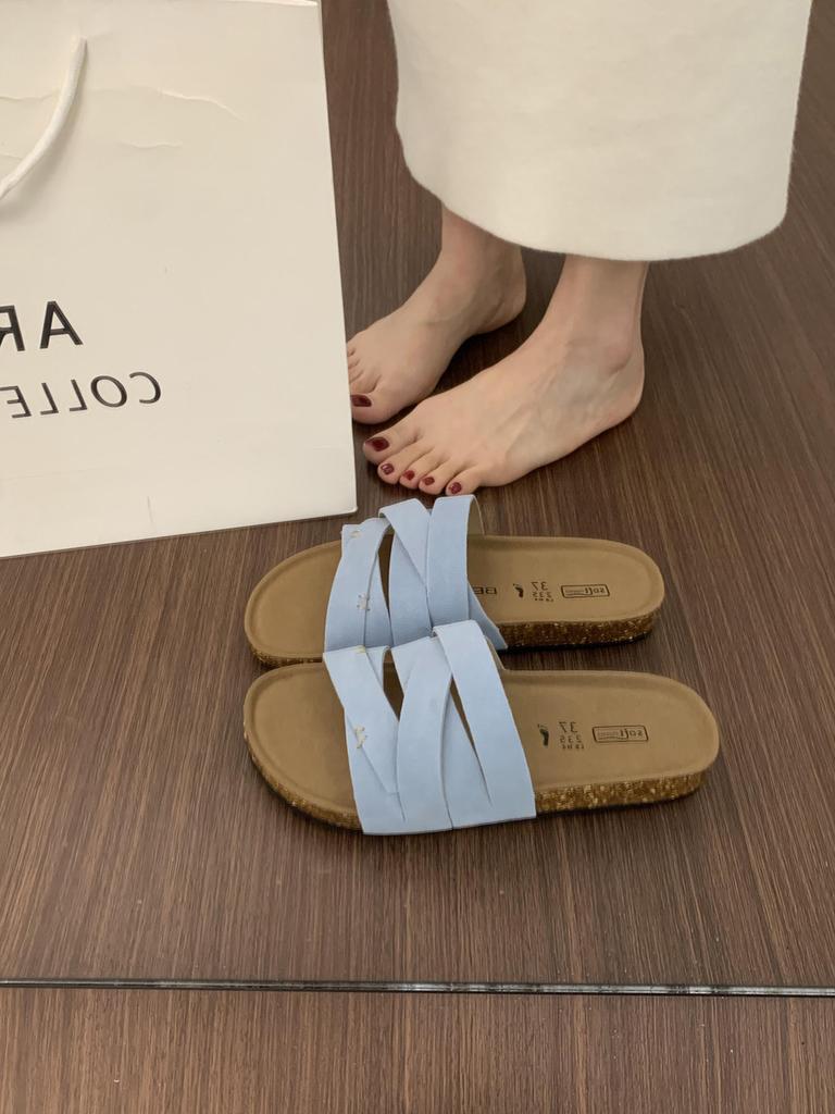 BEI LI XUAN Retro Mori Cross-strap One-word Slippers for Women's Summer Outer Wear Thick-bottomed Casual Beach Women
