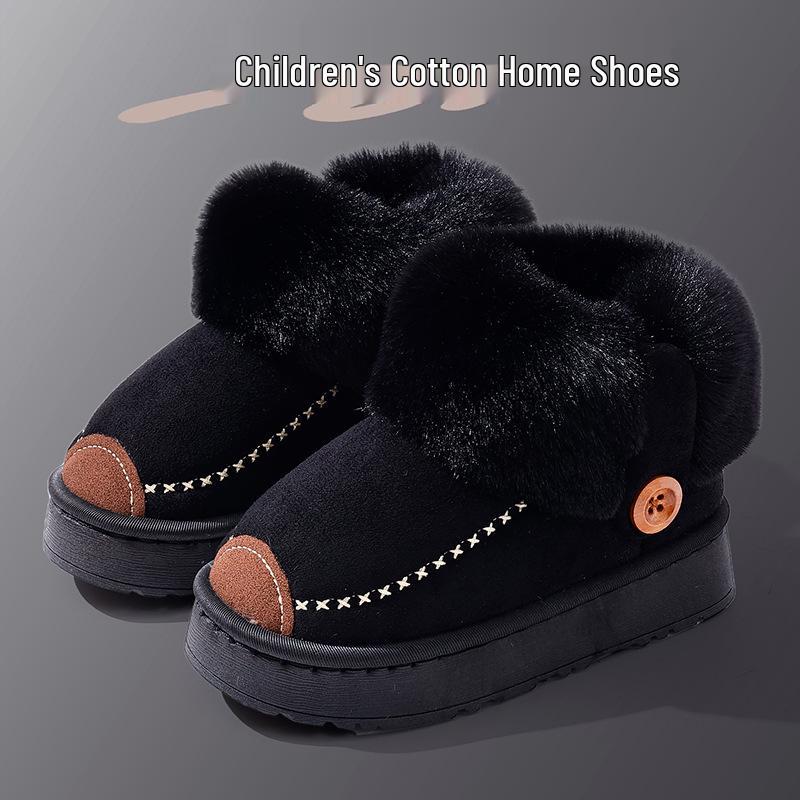 Kids' Waterproof Leather-Top Cotton Slippers, Non-slip with Velvet Lining for Families, Winter Warmth