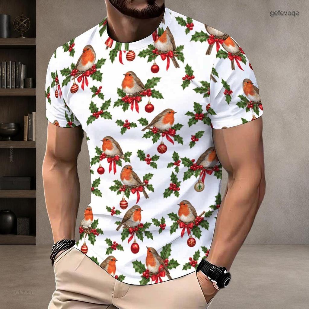 Men s Plus Size Round Neck Short Sleeve Christmas Robin Holly Printed White Pullover T Shirt