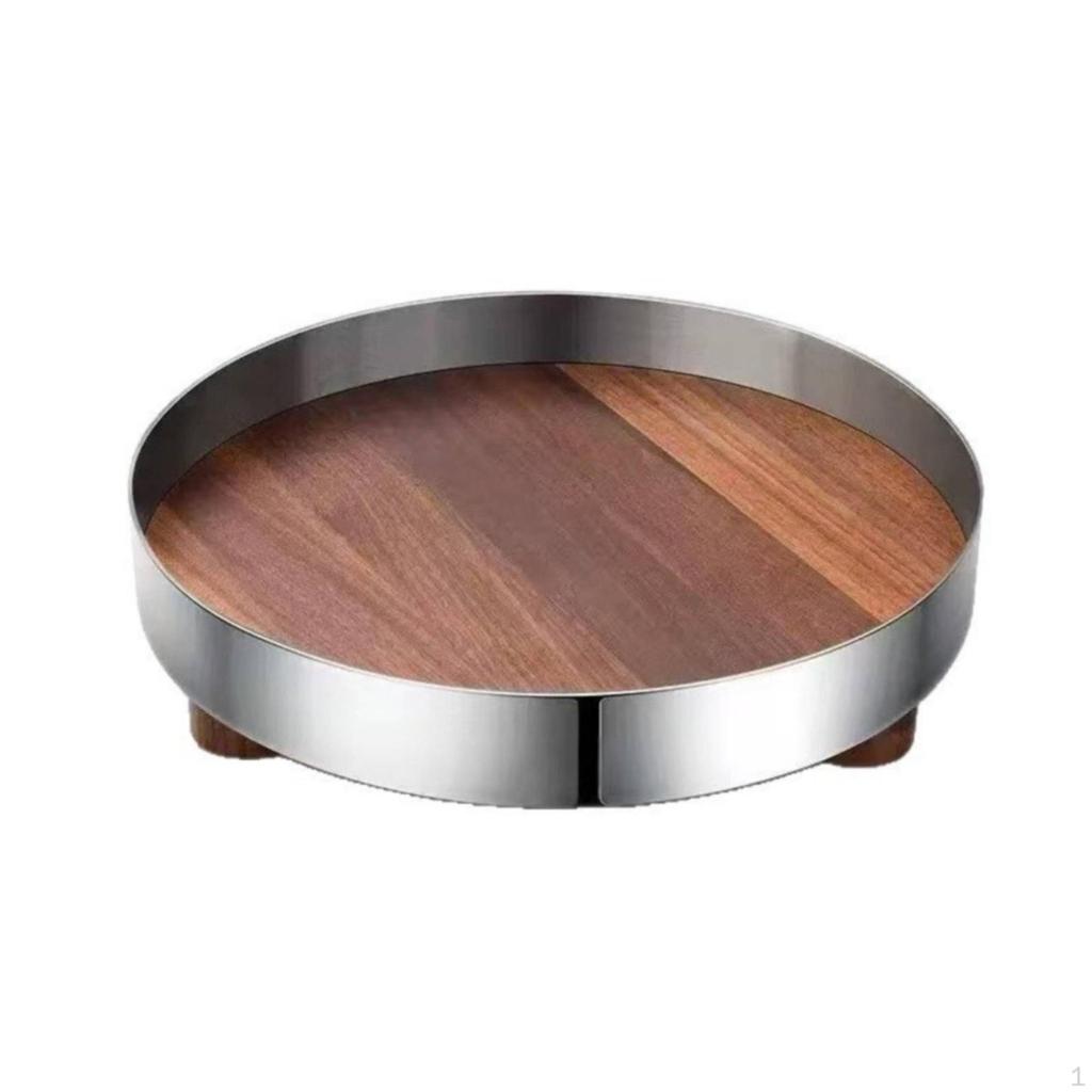 MirrorFinish Tray with Wooden Base | Decorative, Round Feet, for Vanity