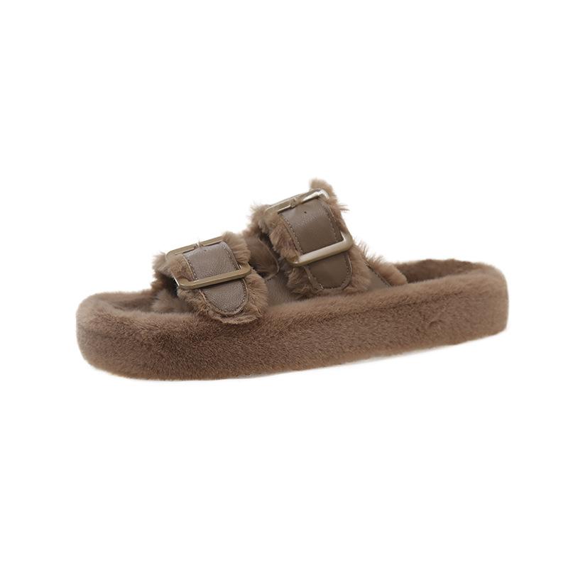 Thick-bottomed fluffy slippers for women's outer wear 2025 new fashion buckle with velvet one-word drag ins thermal cotton slippers