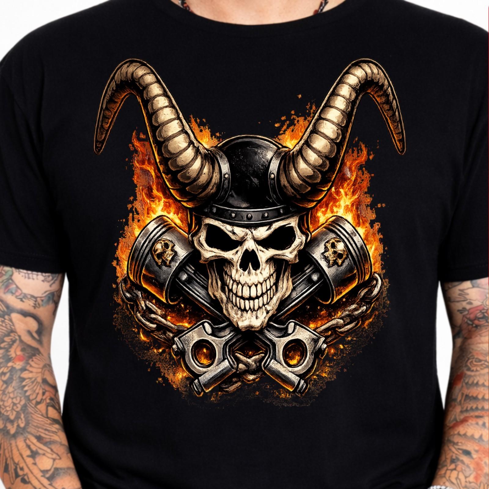 Horned Skull Biker T-Shirt Flaming Piston Chain Heavy Metal Graphic Tee. S