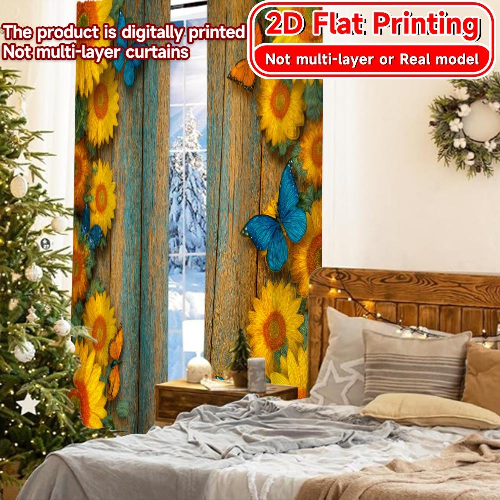 Set Of 2 Flat Printing Butterfly Sunflowers Pattern Curtains Polyester Decorations Kitchen Bedroom Modern Made Master Window Treatment
