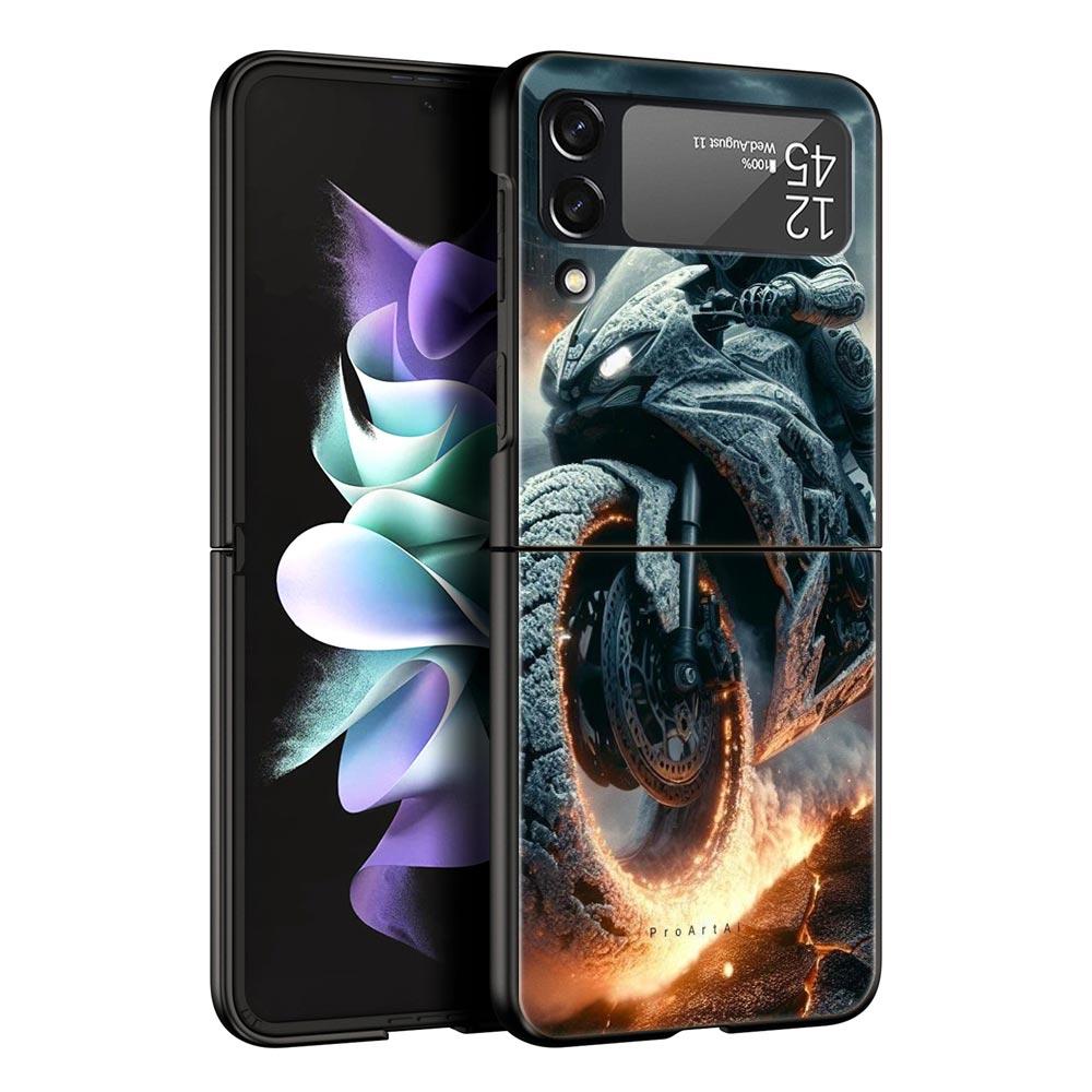 Motorcycle Hard PC Phone Case For Samsung Galaxy Z Flip 7 6 5 4 Black Cover For Galaxy Z Flip 3 Foldable Fundas Shell Capas Bags