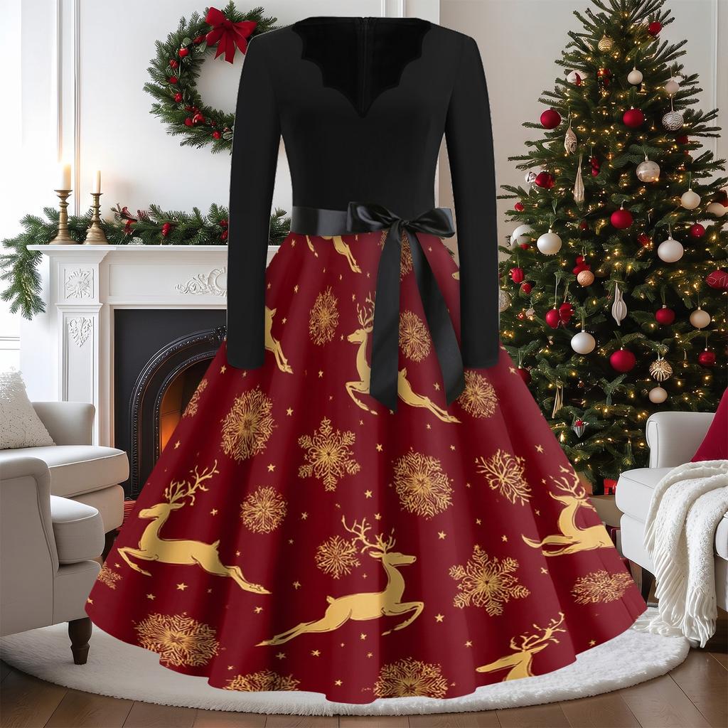 Women's Vintage V-Neck Long Sleeve Christmas Print Casual Dress