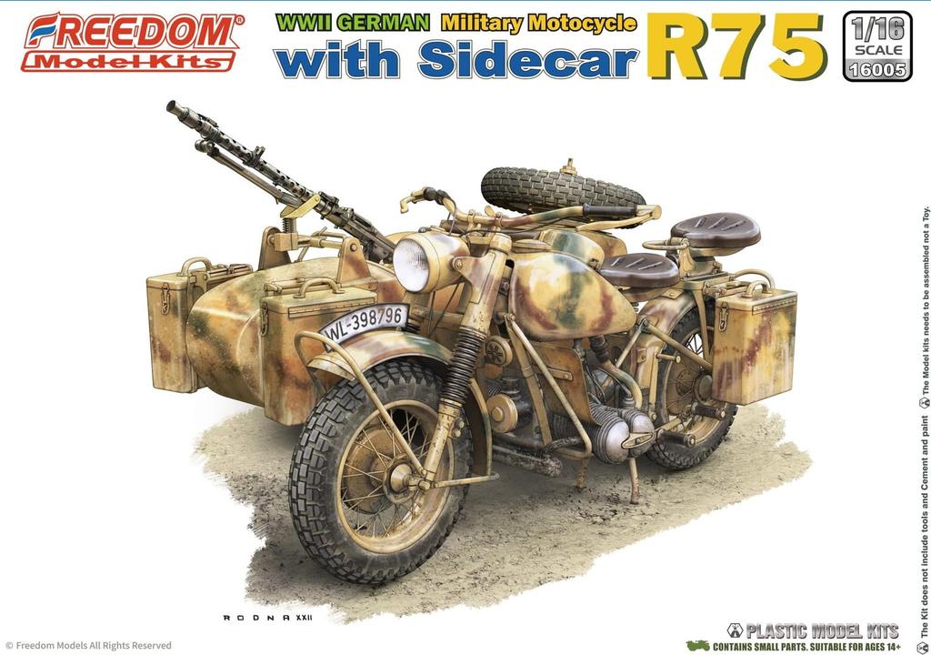 Freedom Model Kit 1/16 German R75 Motorcycle with Sidecar and Rider Figure, Plastic Model FRE16005SP