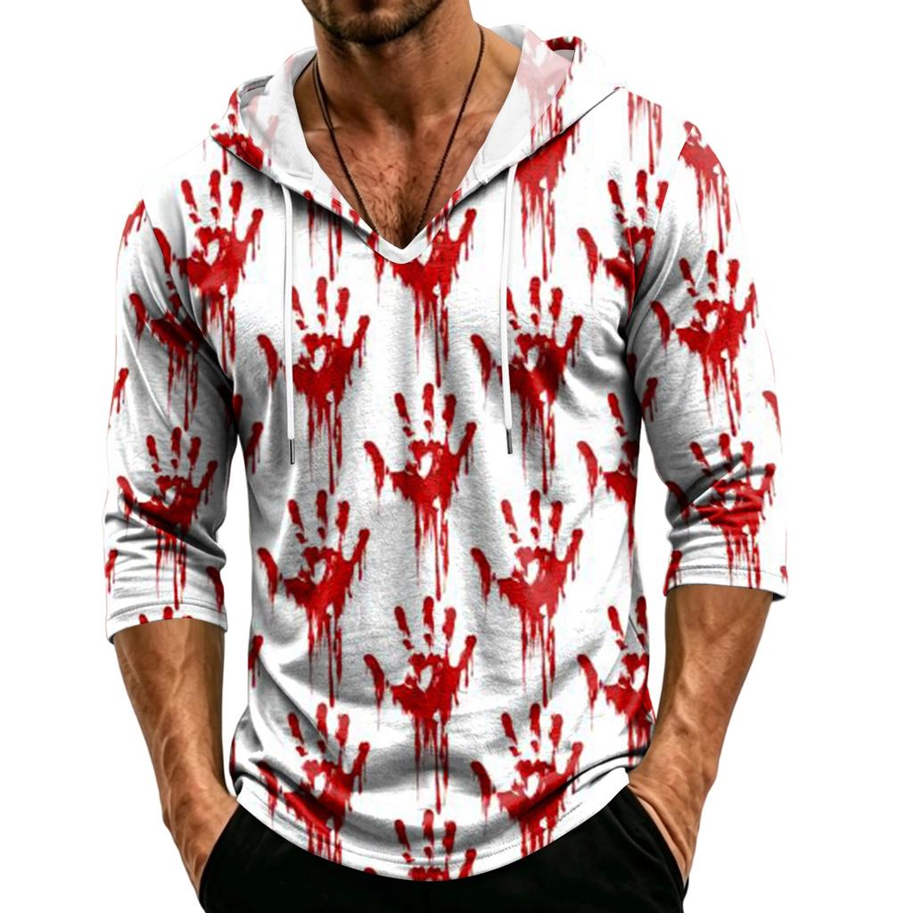 Men's Loose Fit Casual Hoodie 3/4 Sleeve Pullover Halloween Graphic Print Lightweight Hooded Shirt for Everyday Wear