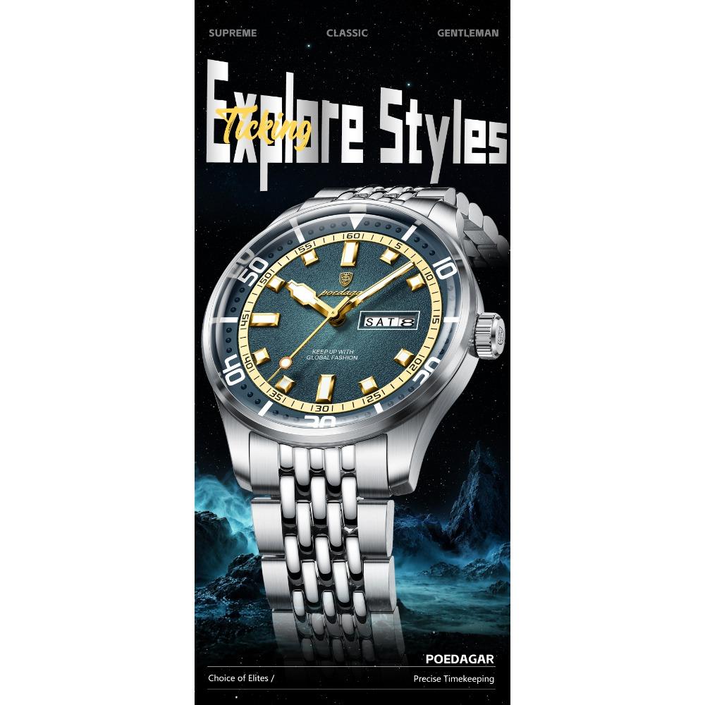 POEDAGAR Luxury Military Man Watch Casual Waterproof Luminous Date Week Men Watch Stainless Steel Quartz Men's Watches Reloj+Box
