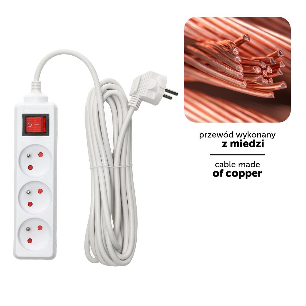 Home Extension Cord, 3 Sockets with Grounding and Switch, 5 , White