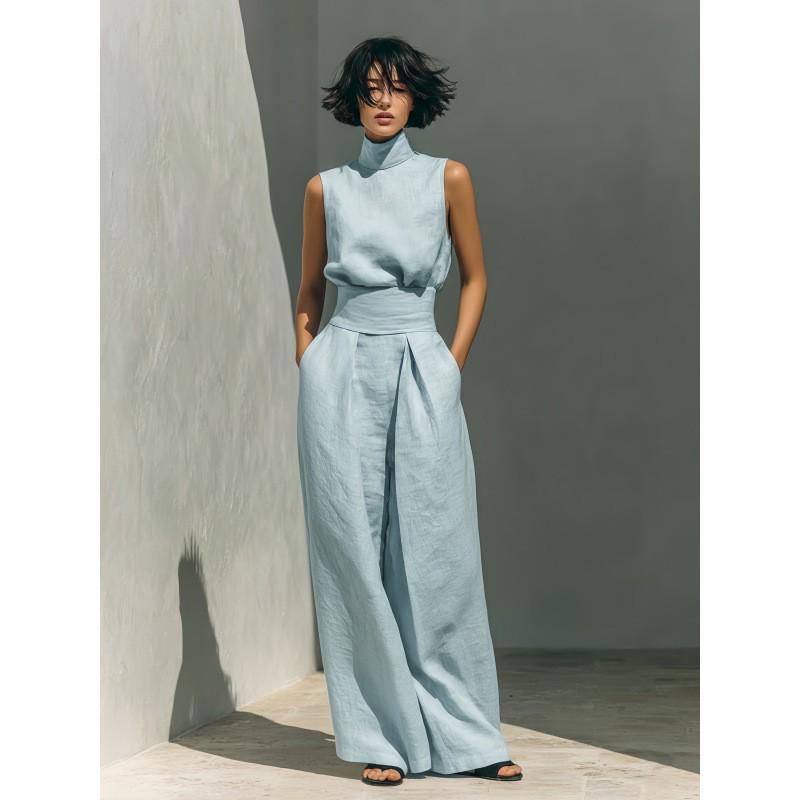 2026 European Spring New Arrival: Elegant Sleeveless Top & Wide-Leg Suit for Women in Solid Colors M