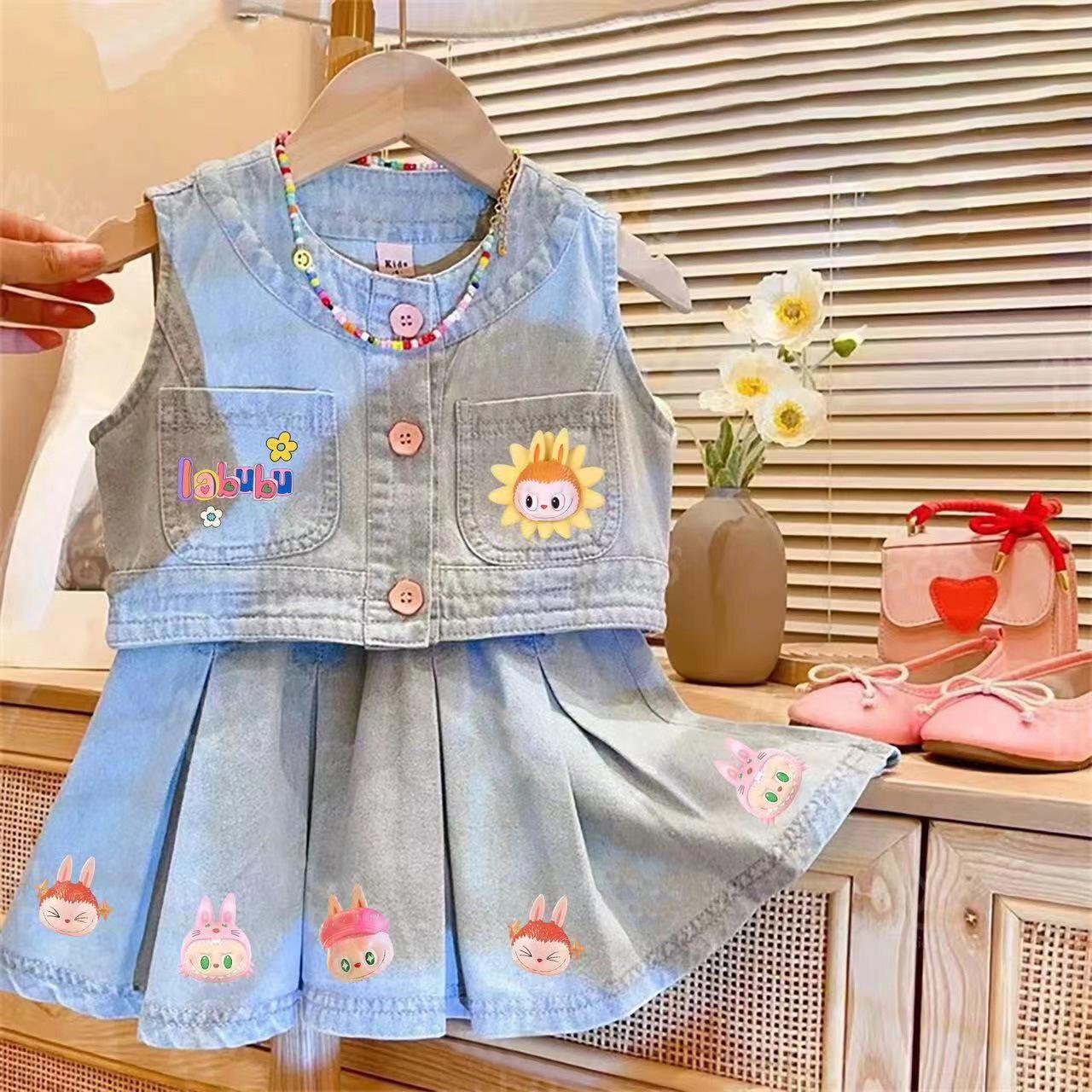 

2025 Summer Girls Korean-Style Denim Vest & Pleated Skirt Set 150 cm