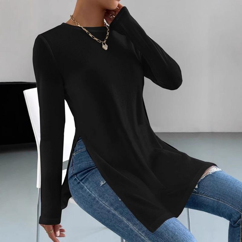 Casual Long Sleeve T Shirt Solid Color Split Hem Round Neck