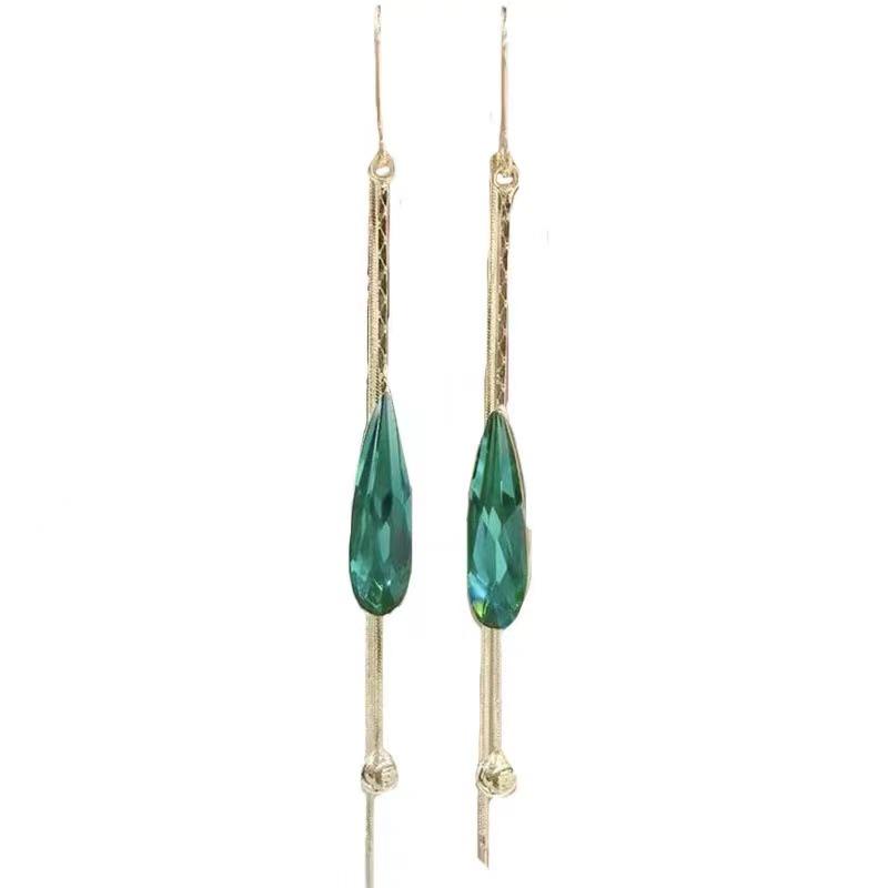 Teardrop Green Crystal Tassel Earrings with Pink Rhinestones - Face Slimming Anti-Lost Design