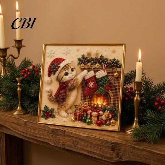 Christmas Party Favors Xmas Cat Faux Pearl Painting Kit, Festive Art DIY Seasonal Supplies Cute Kitty 3D Bead Craft Kit for Adults Teens, Holiday Wall