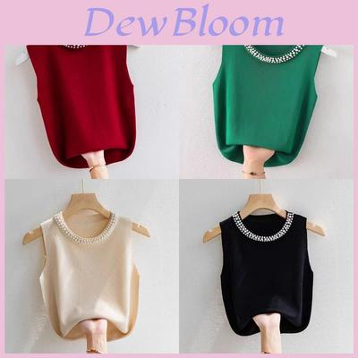 Summer Womens Knitted Tank Top With Pearl Embellishments For Casual Wear
