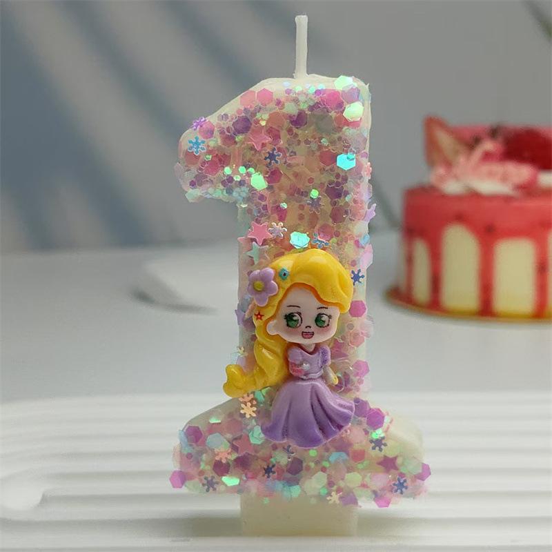 Creative Styling Cartoon Rapunzel Digital Candle Birthday Cake Decoration Colorful Sequin Candle