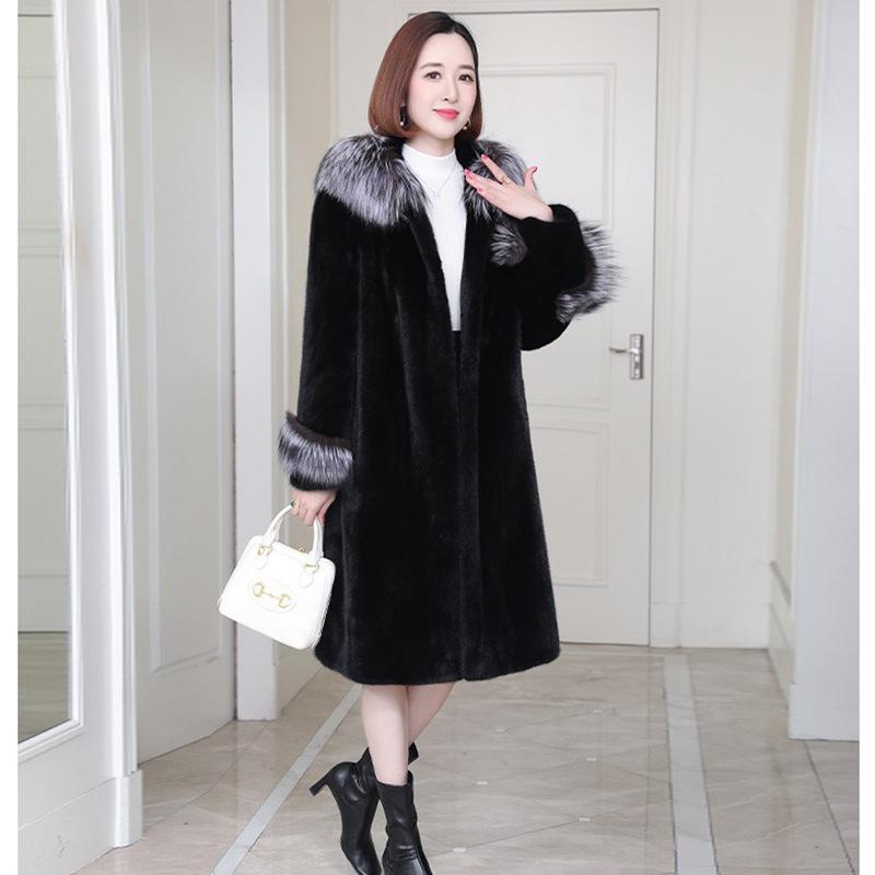 Imitert minkfrakk damemink hel minkpels hettepels lang revepelskrage termisk vinterjakke
