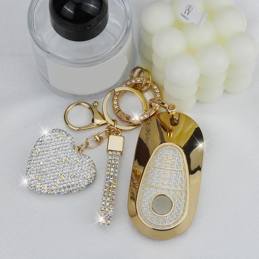 Key Fob Cover with Diamond Keychain Car Key Holder Case Compatible with - Benz S-Class G-Class E-Class Smart Remote Key Protector for Women, 3
