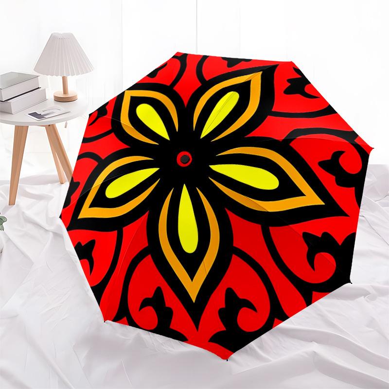 1pc Red Floral Pattern Automatic Folding Umbrella, Portable Collapsible Design, 8-Rib Iron Frame, Outdoor Accessory Yy250905078