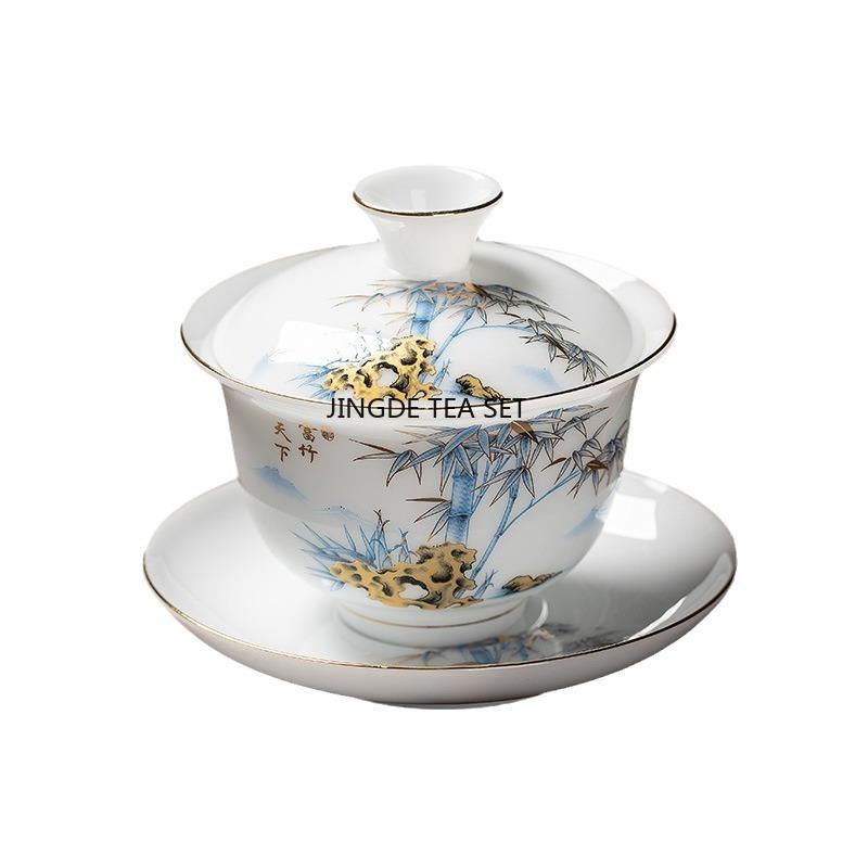 Ice Seed Sheep Fat Jade Ceramic Covered Bowl Single Household Kung Fu Tea Set Tea Making Bowl, High-end gaiwan set