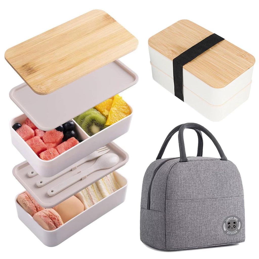 Japanese Bamboo Double-Layer Insulated Lunch Box with Large Capacity and Microwave Safe Plastic Compartments