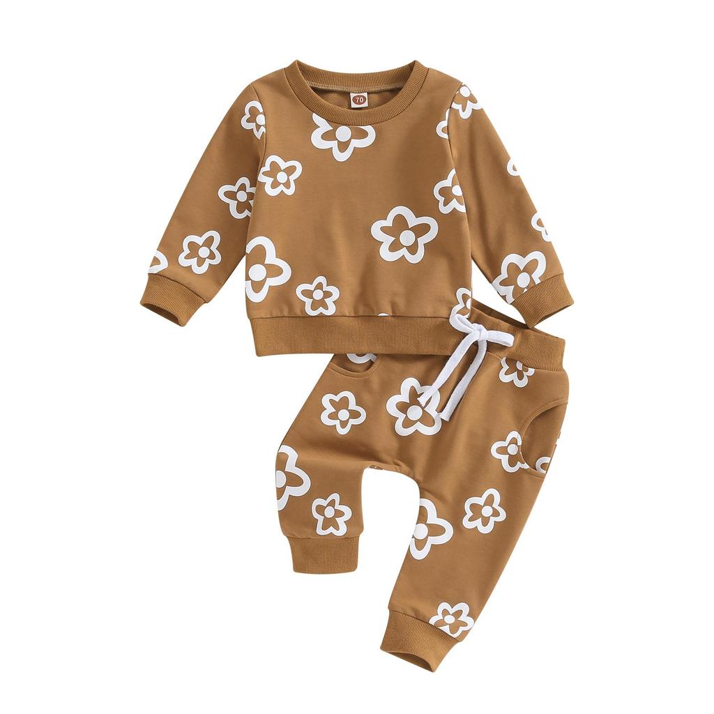 2-teiliges Baby-Mädchen-Outfit, 6 12 18 24, Blumendruck, langärmeliges Sweatshirt mit Rundhalsausschnitt und elastischer Taille, Jogginghose, Herbstkleidung