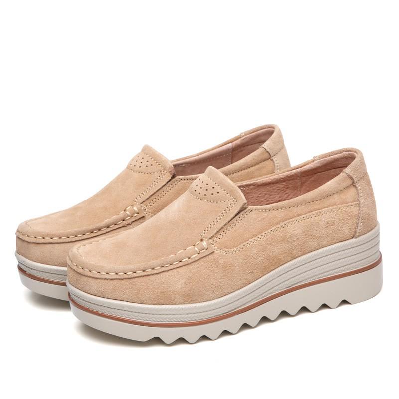 2018 Damen Plateau Slipper: Keilabsatz mit dicker Sohle, Echtes Leder, Lässiger Rocking-Stil, Große Größen verfügbar