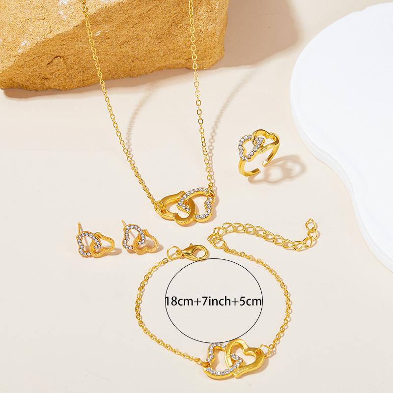 New Fashion Hollow Double Love Heart Pendant Necklace, Bracelet, Ring, Earrings Ladies Exquisite Sparkling Jewelry Set S/set