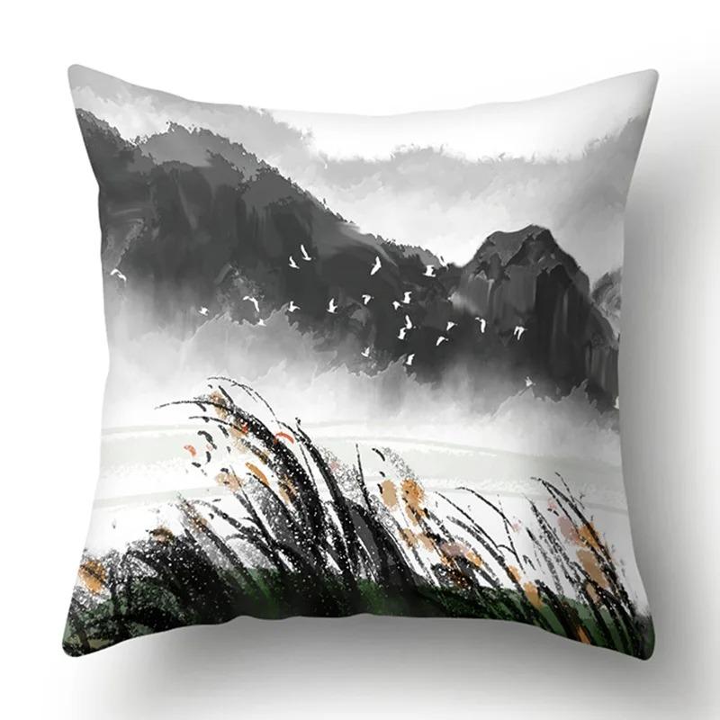 Ink Landscape Painting Pillowcase Bedroom Room Home Decoration Office Seat Living Room Sofa Cushion Cover 45x45cm