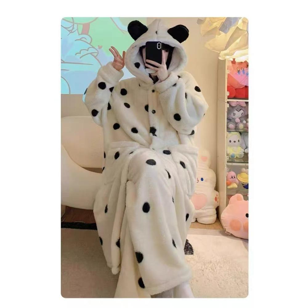 Women Coral Fleece Bathrobe Hooded Flannel Robe Set Thick Warm Loungewear Fall Winter