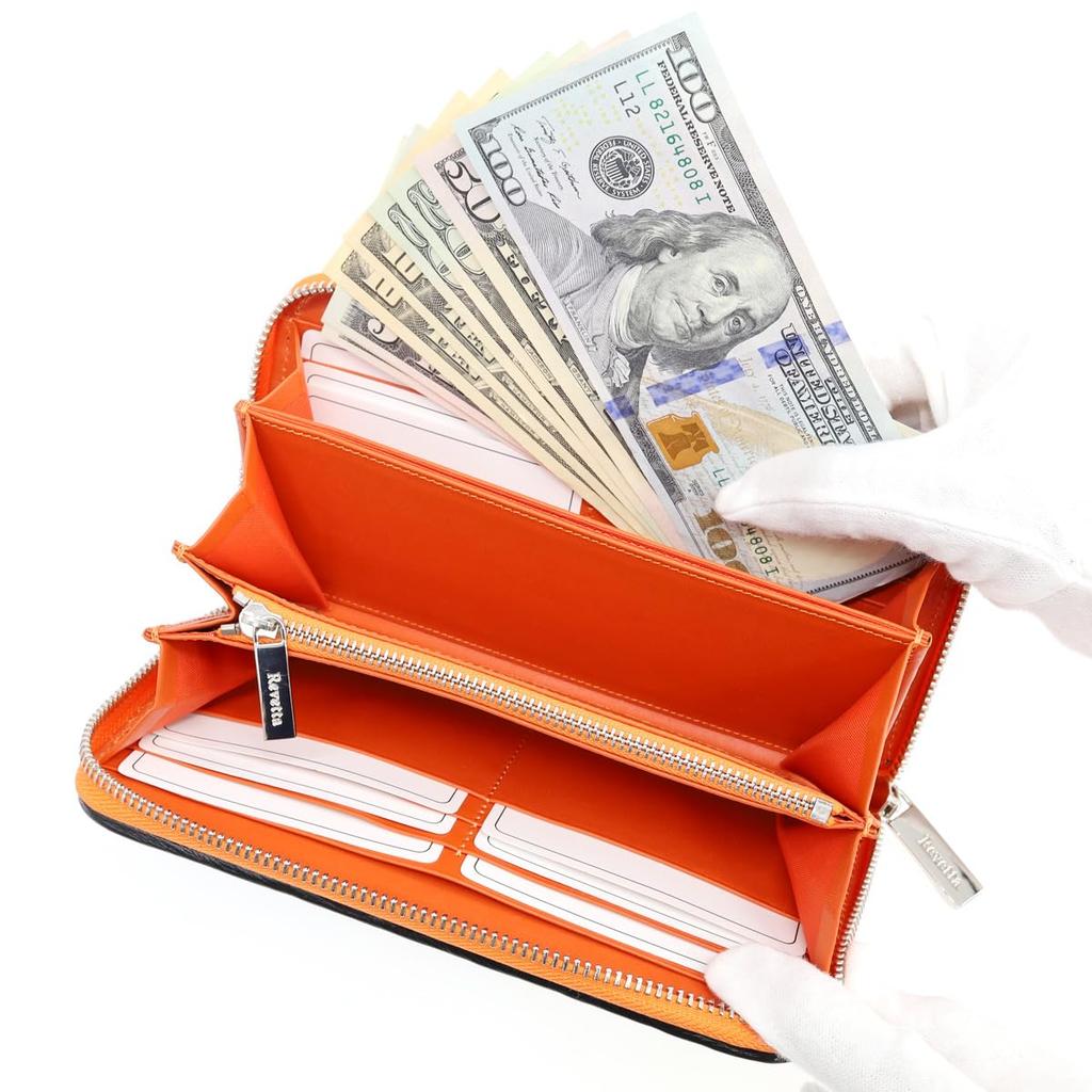 [Revetta] Men's Crocodile Leather Long Wallet, BlackOrange, Made from a Single Piece of Genuine Leather with a Round Zipper and Matte Finish [244crw]