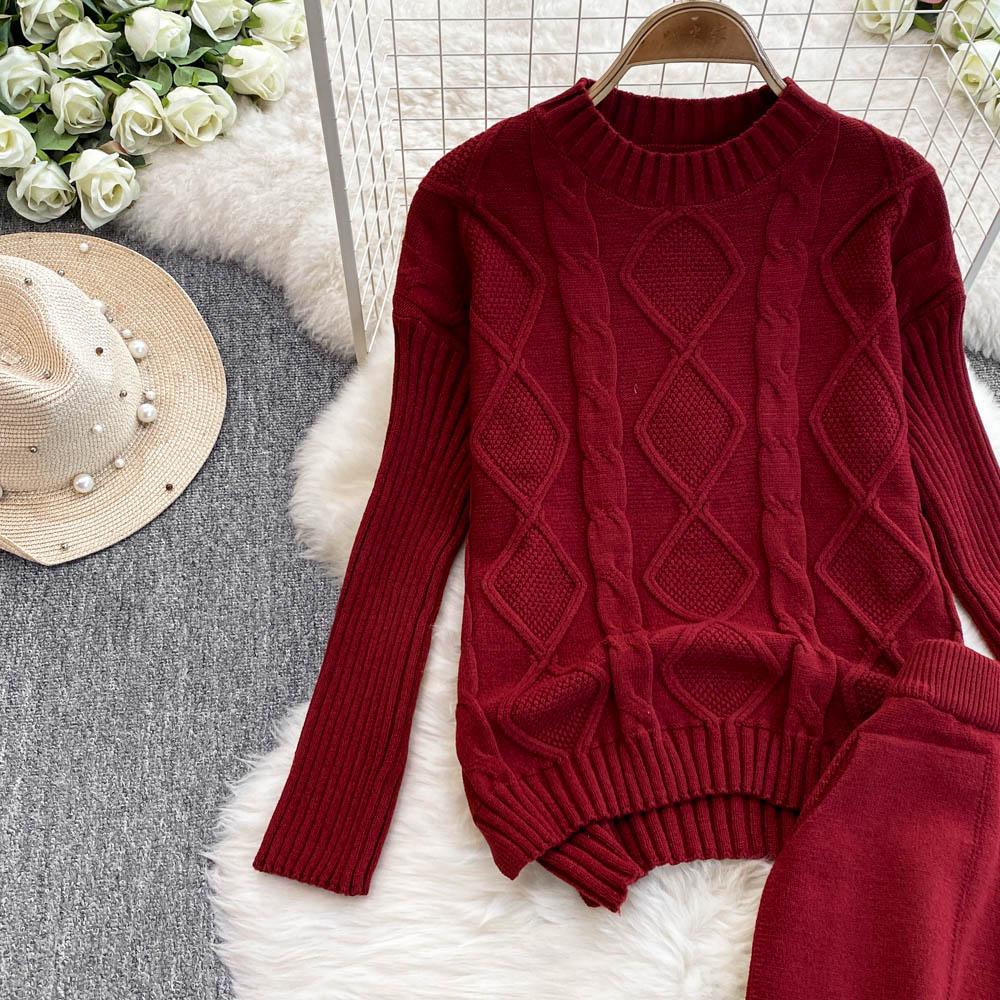 New Loose Knit Fried Dough Twists Sweater Suit Women's Winter High Waist Slim Straight Wide Leg Pants Two-piece Set