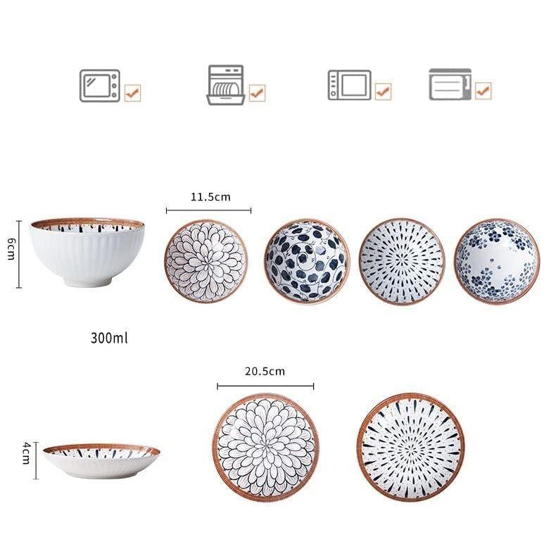 Porcelain 4-Piece Japanese Asian Cuisine Bowl Set With 2 Bowls, 2 Pairs Of Chopsticks And 1 Deep Plates For Serving Dinner, Rice, Soup, Dessert
