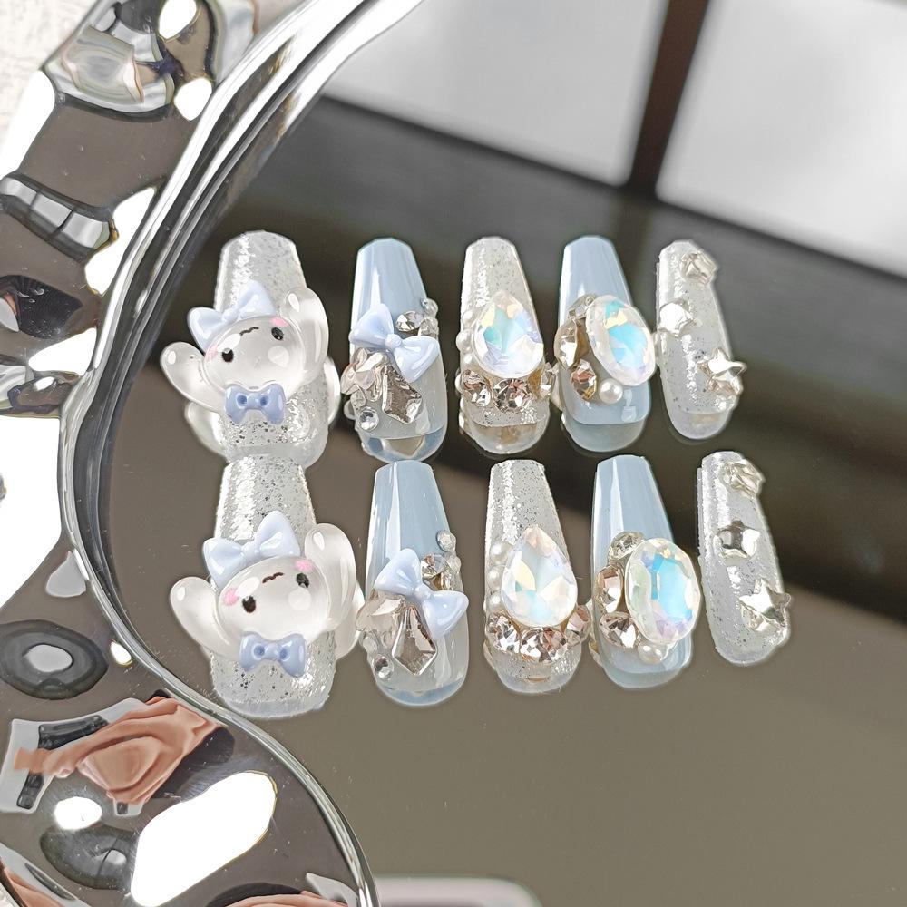 

Blue Gem White Puppy Nail Stickers - Skin-Brightening, Detachable, Wearable, 24 Pieces