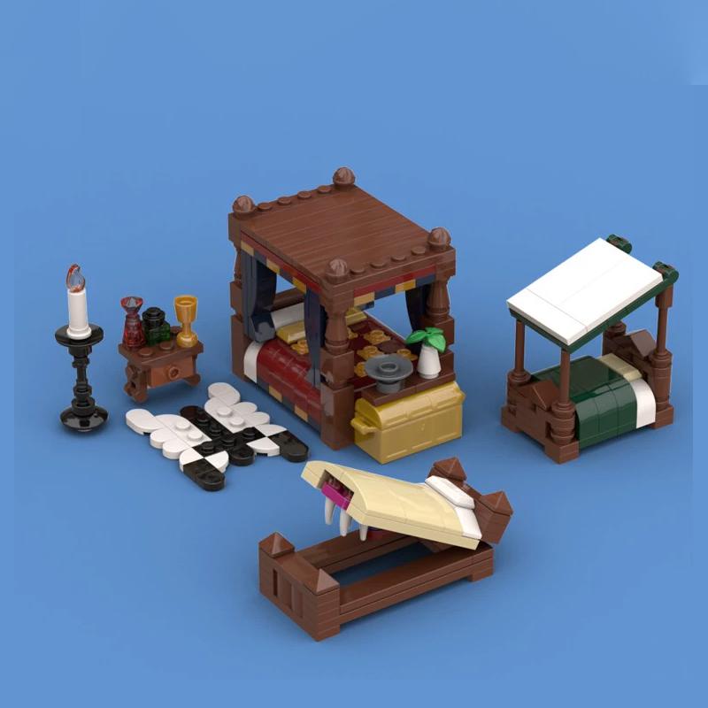 MOC Medieval Street View Scene Building Blocks Castle Bedroom Crossbow Siege Hammer Bulletin Board Sign Laboratory Bricks Gifts