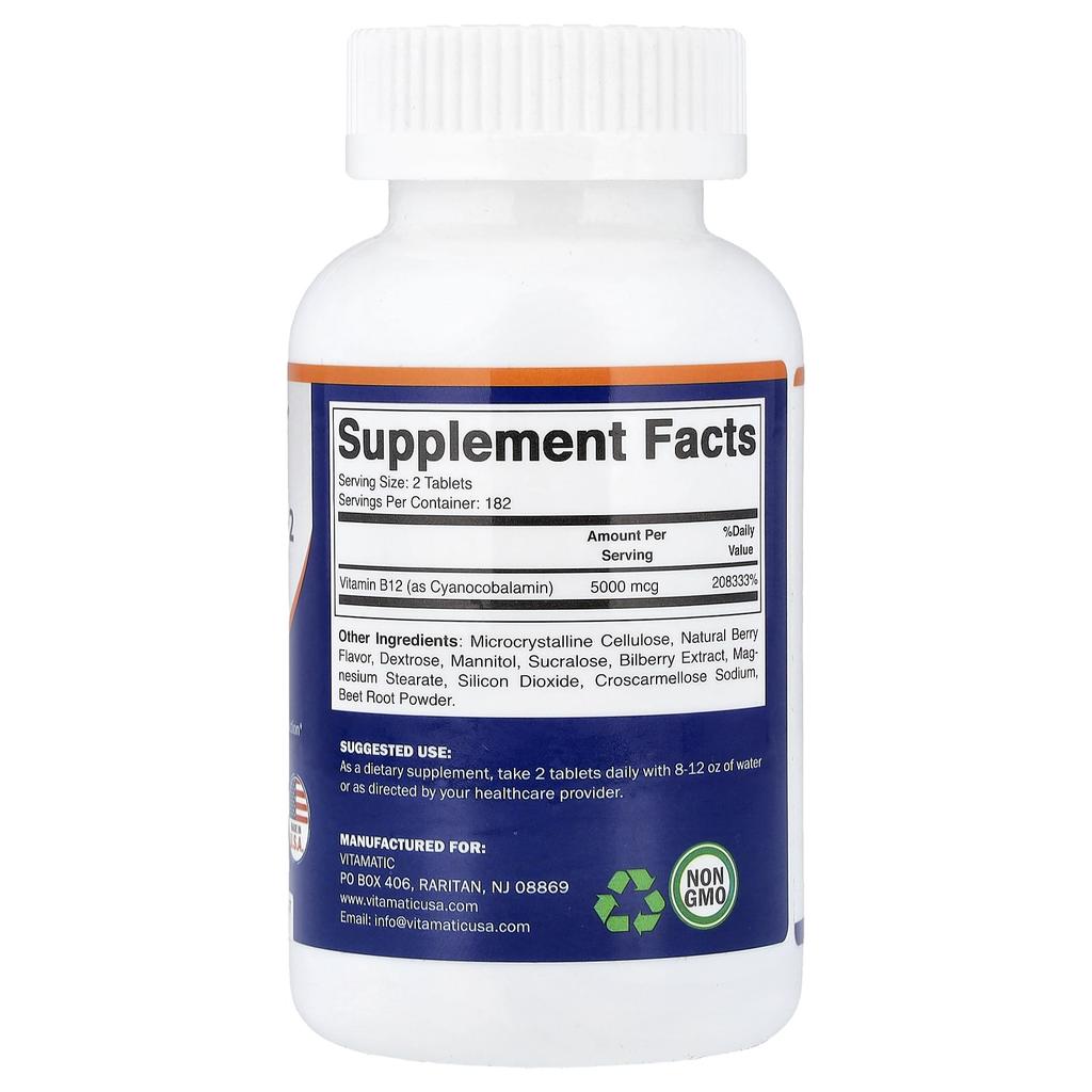 Vitamatic, Vitamin B12, Natural Berry, 5,000 mcg, 365 Rapid-Dissolving Tablets (2,500 mcg per tablet)
