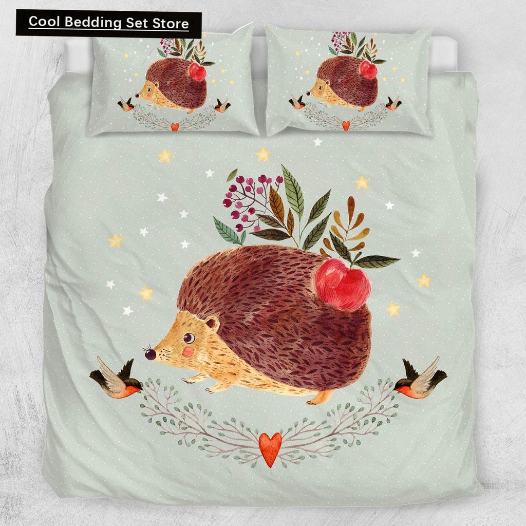 Cartoon Hedgehog King Queen Duvet Cover Rainbow Iridescent Bedding Set For Kids Girls Boys Starry Sky Animal 2/3Pcs Quilt Cover